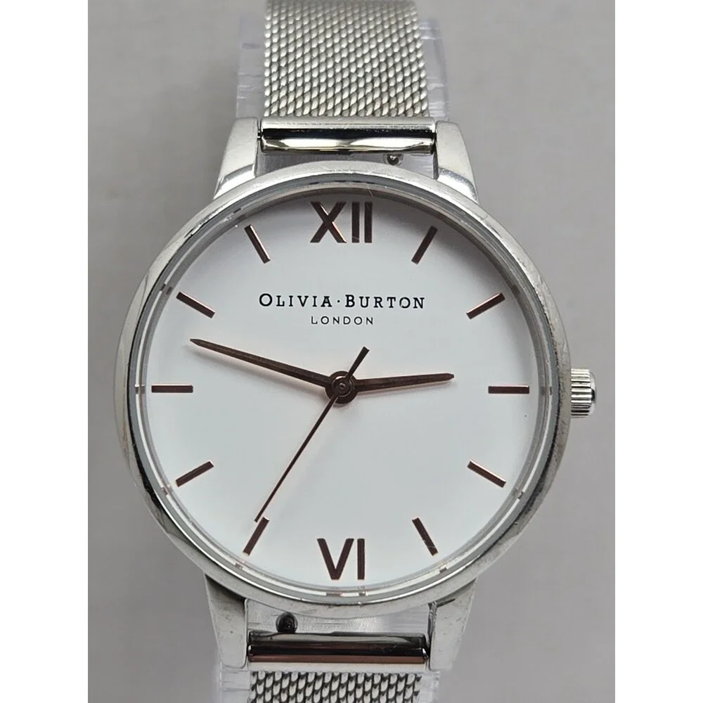 Olivia Burton London Womens Silver Mesh White Dial Quartz 30mm Watch New Battery